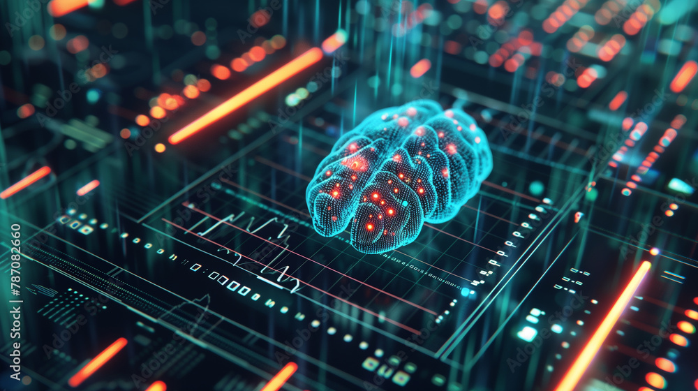 Poster a computer screen shows a brain with a red and blue color scheme. the brain is surrounded by a grid 