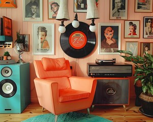 Retro Living Room with Vinyl Record Player