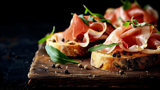 a wooden board with bread and ham and basil on it