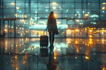 A traveler's silhouette stands out against the brilliant blue light of a contemporary airport terminal with a futuristic ambiance