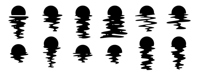 Large set of black sun silhouettes. Vector long reflection in water. Retro sunset in waves.