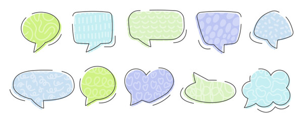 Set of hand drawn speech bubbles with abstract scribbling texture, message box, talk bubble, vector illustration, isolated background. Flat doodle sticker for thinking sign, quote, sale, text - obrazy, fototapety, plakaty