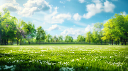 Serene Summer Park with Lush Green Grass and Flourishing Trees Under a Clear Blue Sky. Empty background for design. Copy space. Generative AI - obrazy, fototapety, plakaty