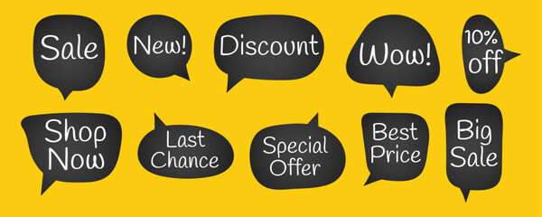 Obraz premium Set of hand drawn chalky speech bubbles with sale text, chatting box, talk bubble, vector illustration, isolated background. Flat doodle style of discount, special offer, best price symbol.