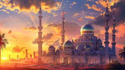 Illustration of the beautiful shiny mosque and ramadan - obrazy, fototapety, plakaty