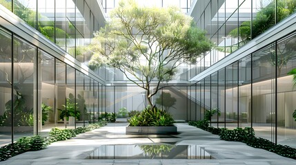 Tranquil Green Oasis in Modern Glass Building Interior. Nature Meets Architecture. Perfect for Corporate Wellness. AI