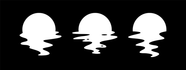 Set of white sun silhouettes on black background. Vector reflection in water. Retro sunset in waves.