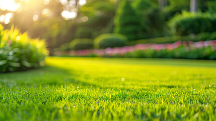 Lush Green Lawn with Dew Drops at Sunrise in a Tranquil Garden. Empty background for design. Generative AI