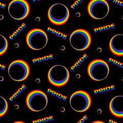 Seamless pattern with Rainbow Circles and the word "Pride" on a black background. Pride month wrapper. Abstract Backdrop for Pride month. Vector illustration