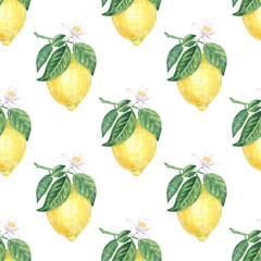 Lemon, slices, flower and leaves watercolor seamless pattern on white background, hand-painted in botanical style, for textile, wallpaper, menu design