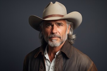 Portrait of a blissful man in his 60s wearing a rugged cowboy hat in soft gray background