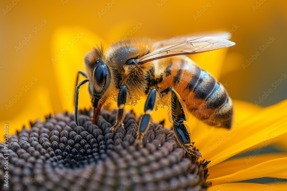 Poster a honeybee collects pollen on a bright sunflower with a detailed, macro perspective emphasizing text