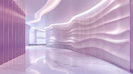 Futuristic empty corridor or halway interior with elegant curvilinear purple walls and ambient lighting.  Sweeping curvilinear walls bathed in a gradient of purple hues.  Modern minimal design. Genera