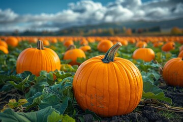 Serene image of pumpkins ready for harvest in a field with distant mountains under a cloudy sky