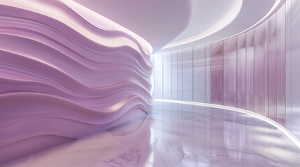Futuristic empty corridor or halway interior with elegant curvilinear purple walls and ambient lighting.  Sweeping curvilinear walls bathed in a gradient of purple hues.  Modern minimal design. Genera - obrazy, fototapety, plakaty