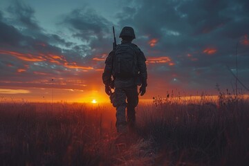 A lone soldier walks towards the horizon in a field, bathed in the warm light of a breathtaking, colorful sunset