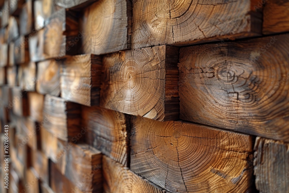 Poster detailed view of cut wood logs stacked in an intricate pattern showing the age rings texture and pat