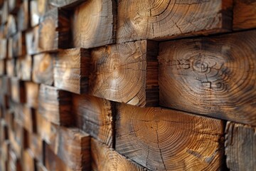 Detailed view of cut wood logs stacked in an intricate pattern showing the age rings Texture and pattern focus