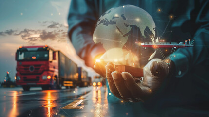A man is holding a globe in his hand, with a truck in the background. Concept of innovation and progress, as the globe represents the world and the truck symbolizes transportation and movement