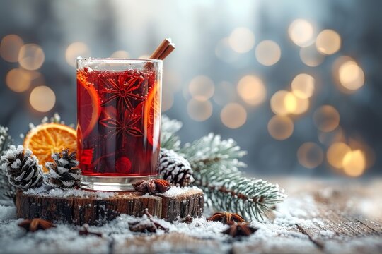 Cozy winter drink, mulled wine with spices, on wooden surface with snow, cones and orange slices, warm festive background