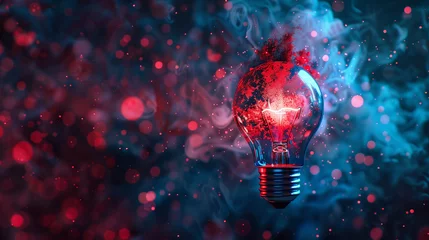 Foto op Canvas A light bulb is exploding on a blue and red background. The explosion is depicted in a way that looks like a burst of energy or a creative explosion. Concept of excitement and energy © phairot