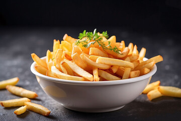 Salted French fries in white bowl on a wooden tray
