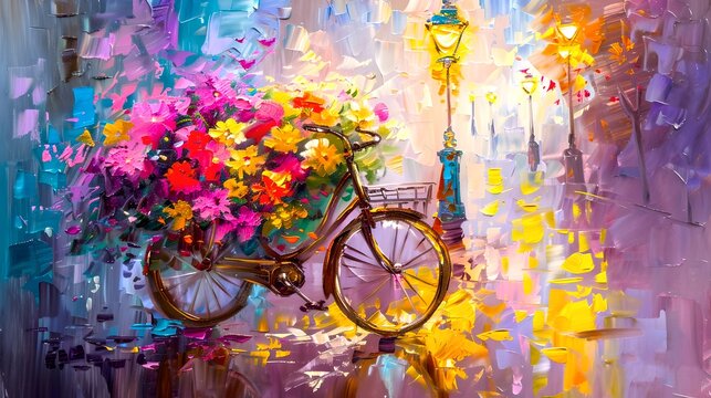 Vibrant Street Scene with Floral Bike and Lamppost, Impressionist Oil Painting Style, Perfect for Home Decor. AI