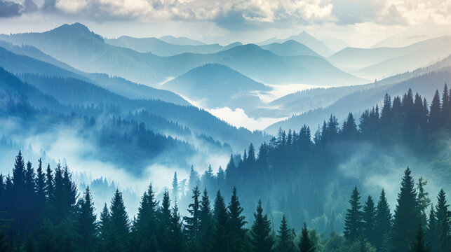 Landscape of mountains and pine forest with mist and f