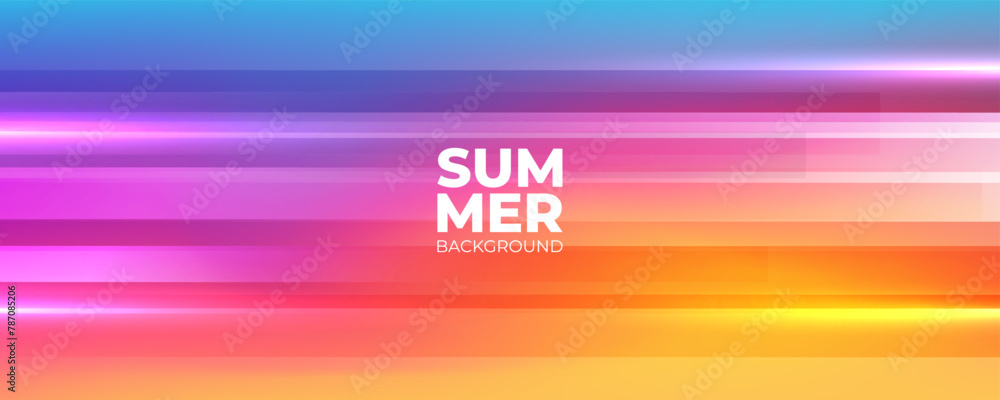 Poster Summer background. Vibrant blurred color gradient banner with horizontal dynamic lines for Summertime season creative graphic design. Vector illustration.