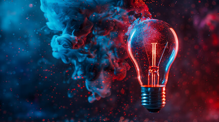A light bulb is exploding on a blue and red background. The explosion is depicted in a way that looks like a burst of energy or a creative explosion. Concept of excitement and energy - obrazy, fototapety, plakaty
