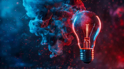 Foto op Aluminium A light bulb is exploding on a blue and red background. The explosion is depicted in a way that looks like a burst of energy or a creative explosion. Concept of excitement and energy © phairot
