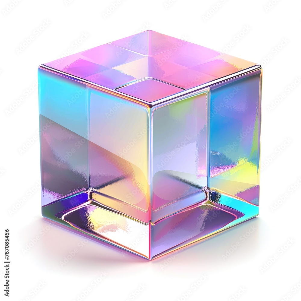 Poster perfectly shaped cube with an iridescent surface, reflecting a spectrum of colors