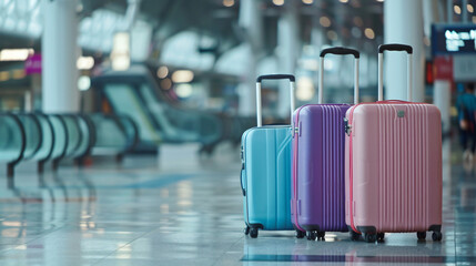 Luggage suitcases at the airport wide banner with copy space - Powered by Adobe