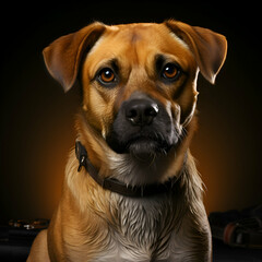 Portrait of a mixed breed dog in a dark studio setting.