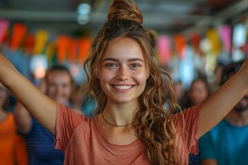 Joyful young woman with arms wide open, enjoying a vibrant party atmosphere with colorful decorations