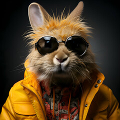 Funny rabbit wearing sunglasses and jacket on a black background. Studio shot.
