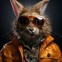 Portrait of a cute brown rabbit wearing sunglasses on a black background.