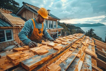 With focus and care, a carpenter measures wooden planks on a construction site amidst beautiful nature - Powered by Adobe