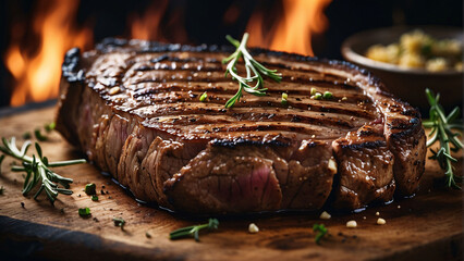 A steak on a cutting board with herbs and spices
 - obrazy, fototapety, plakaty