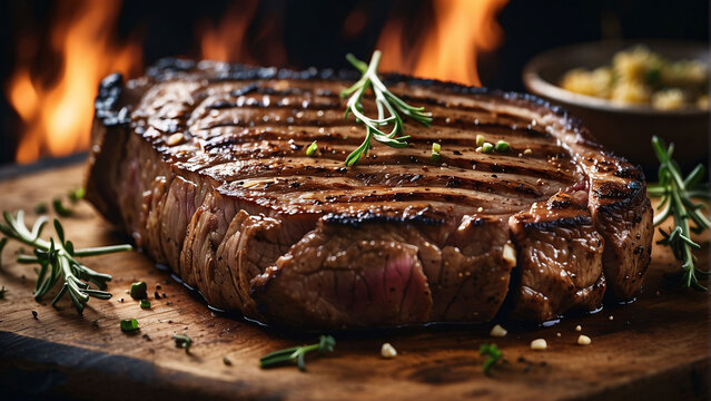 A steak on a cutting board with herbs and spices
