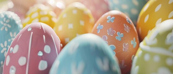 Colorful Easter Eggs Arranged in a Row in Front of the Sun with Polka Dots