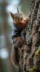 Naklejka na ściany i meble Agile squirrel scaling a tree, outfitted in miniature sportswear, with soft, diffused lighting creating a playful yet athletic scene , high resolution DSLR