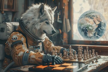 A Siberian Husky in an astronaut suit playing chess against an AI satellite in space, Earth visible in the window, symbolizing strategic thinking beyond Earth , close up - obrazy, fototapety, plakaty
