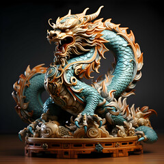 Fototapeta premium Dragon statue on a black background. 3D illustration