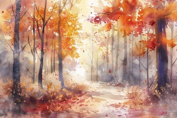 Beautiful autumn forest. Watercolor illustration. AI generative - 787086264