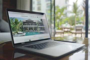 Laptop computer screen showing online hotel or resort booking reservation service for vacation and trip stay planner with price and user interface information datum