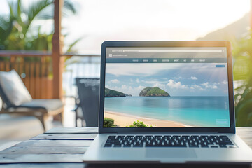 Laptop computer screen showing online hotel or resort booking reservation service for vacation and trip stay planner with price and user interface information datum