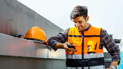 caucasian man, hands and phone in the city for construction planning, communication or social media...