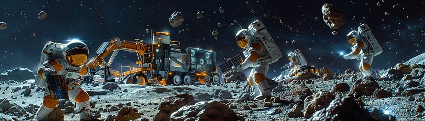 Asteroid belt excavation site, robots and astronauts working together, tools powered by solar energy, teamwork in space , stock photographic style - obrazy, fototapety, plakaty