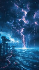 An electric storm over the ocean with a data center at its heart, network cables as lightning bolts, channeling the energy of technology , unique hyper realistic illustration